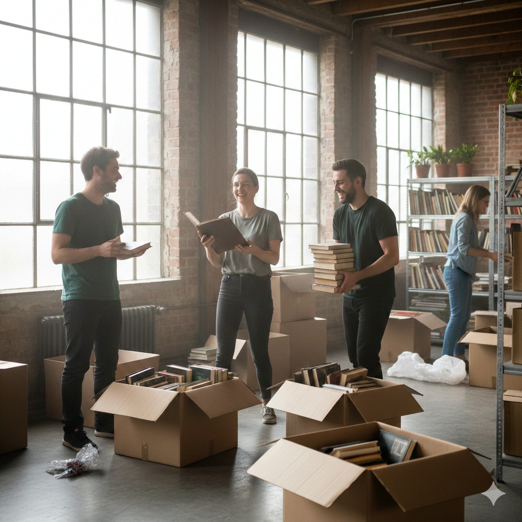 Team packt Bücherkartons aus