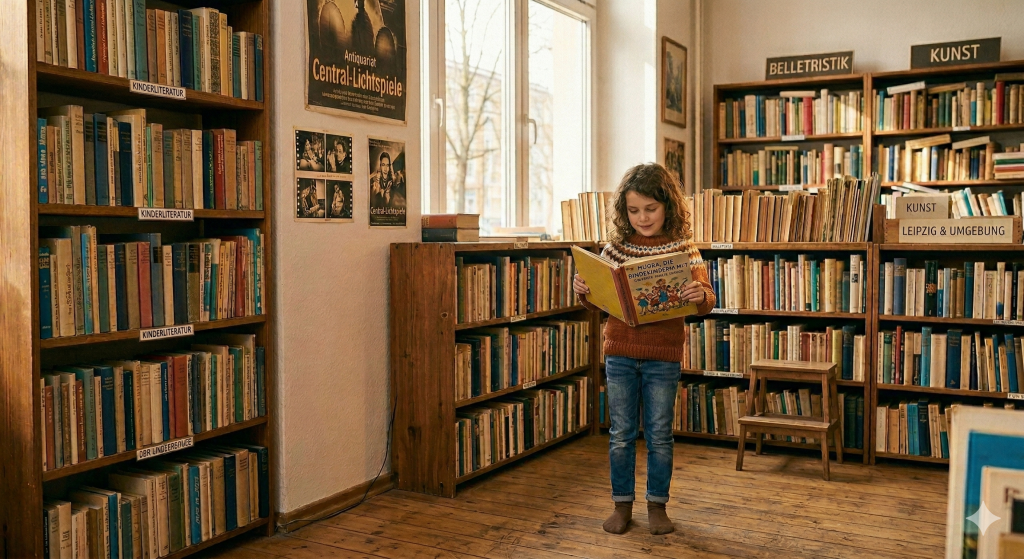 Kinderbuch02 - Buch-Spende Kind lesend im Antiquariat