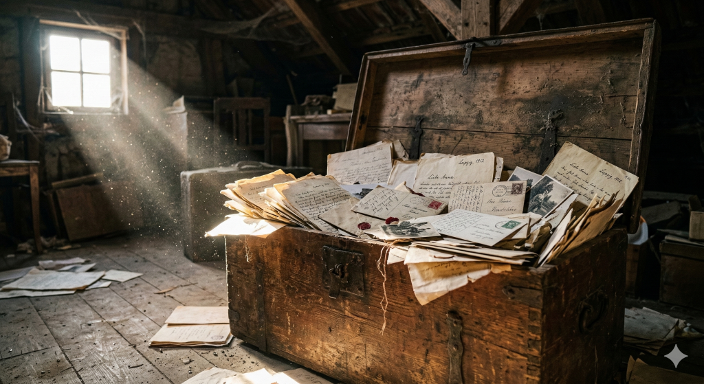 Schatztruhe mit Briefen und Postkarten