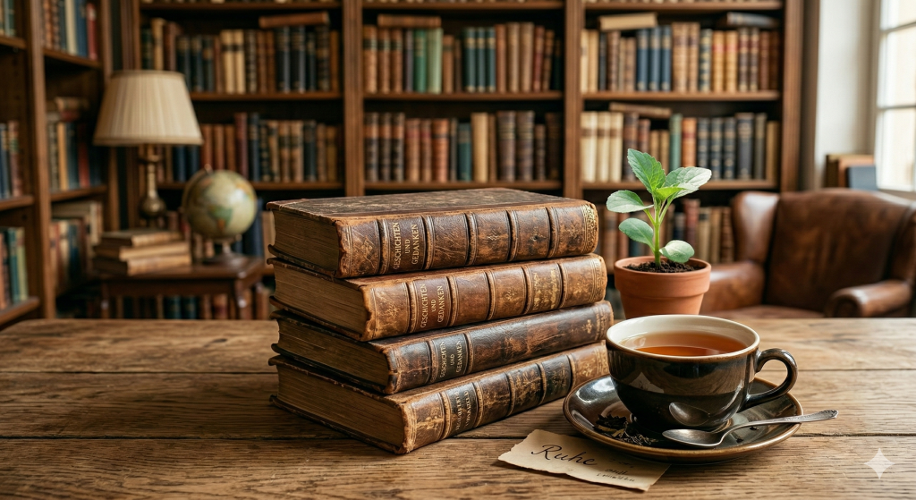 Werrtstoffe03 - Buch-Spende Antike Bücher mit Pflanze