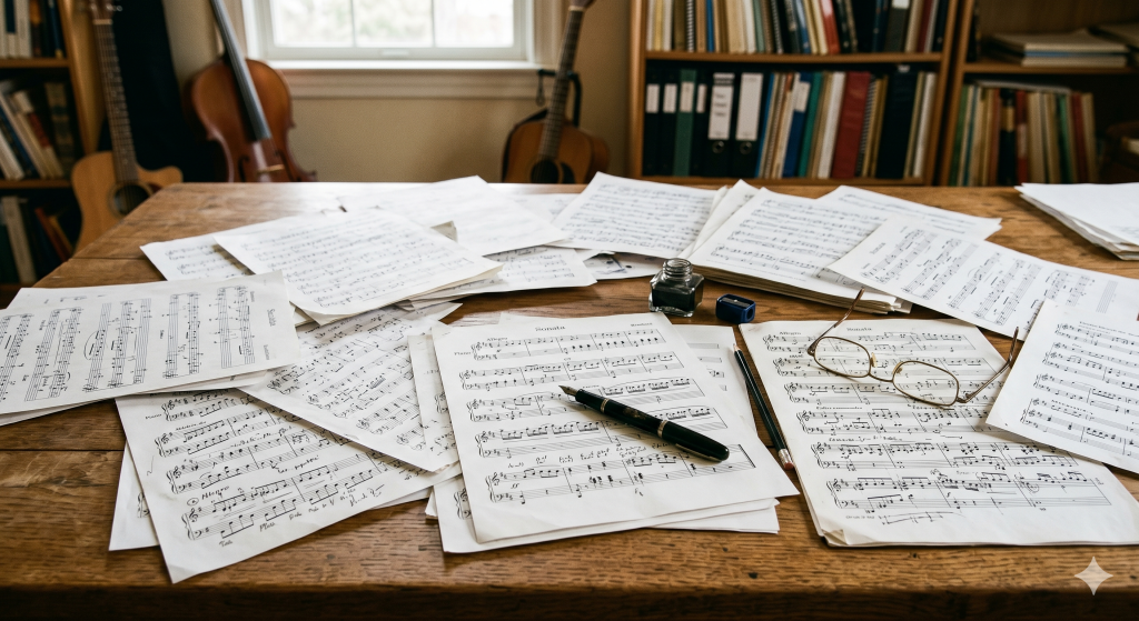 Notenblätter mit Brille und Stift