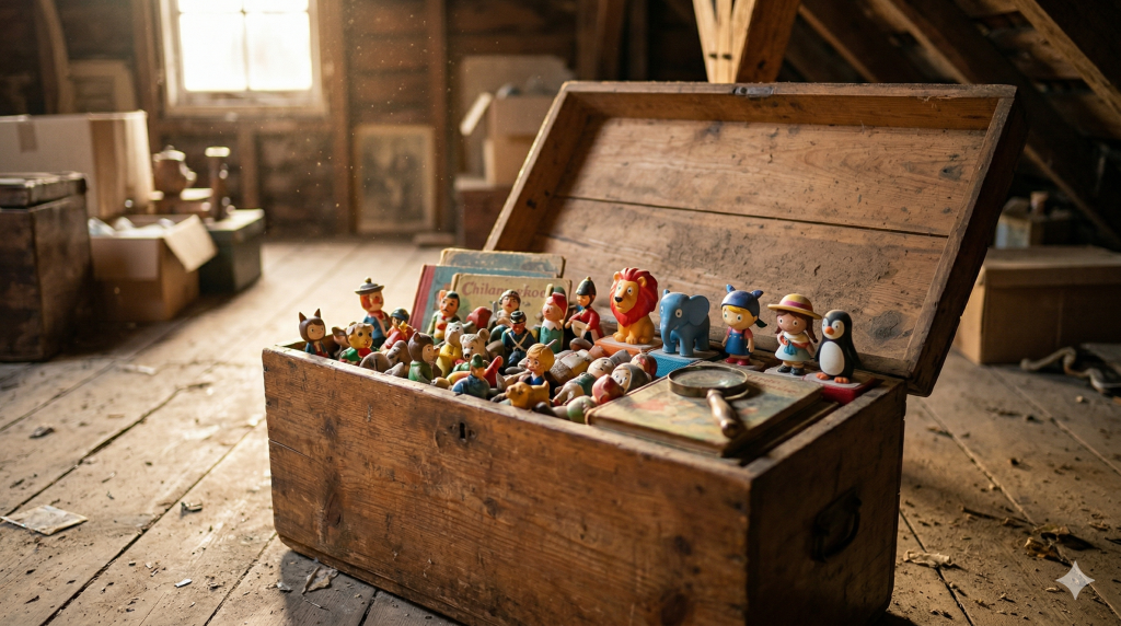 Schleich05 - Buch-Spende Schleich Tonie Verpackung Truhe Dachbodenfund