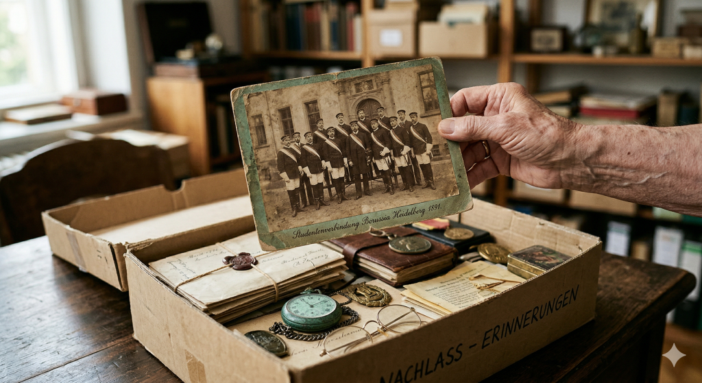 Studentica04 - Buch-Spende Studentica Siegel Papier Studentika zirkel Band Diplom Bücher Dachbodenfund Truhe Bänder Foto Krug Degen Kiste Buch