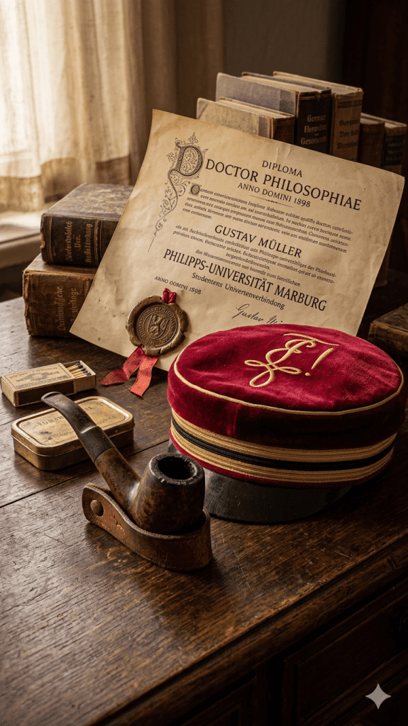 Studentica05 - Buch-Spende Studentica Siegel Papier Studentika zirkel Band Diplom Bücher Dachbodenfund Truhe Bänder Foto Krug