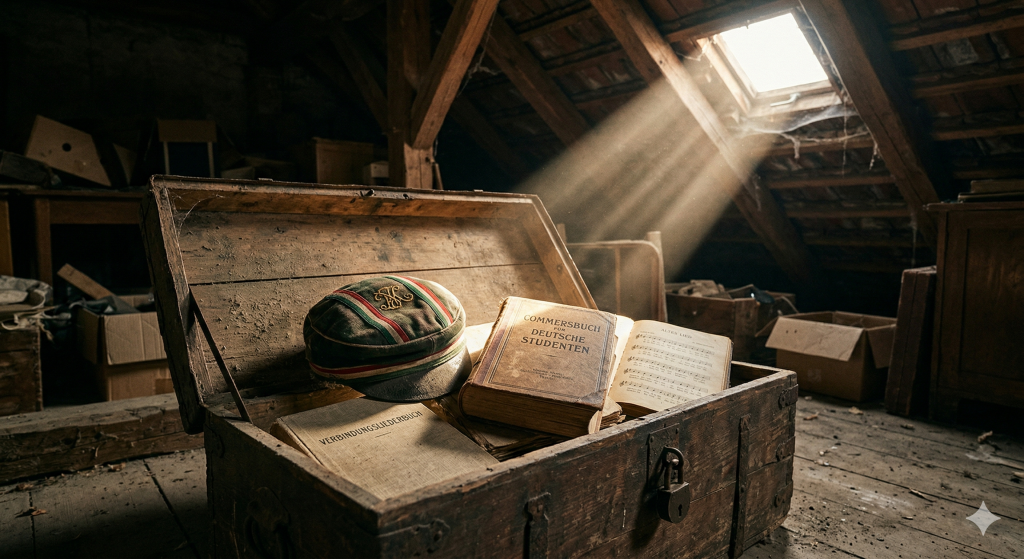 Studentica07 - Buch-Spende Studentica Siegel Papier Studentika zirkel Band Diplom Bücher Dachbodenfund Truhe Bänder Foto Krug Degen Kiste Buch