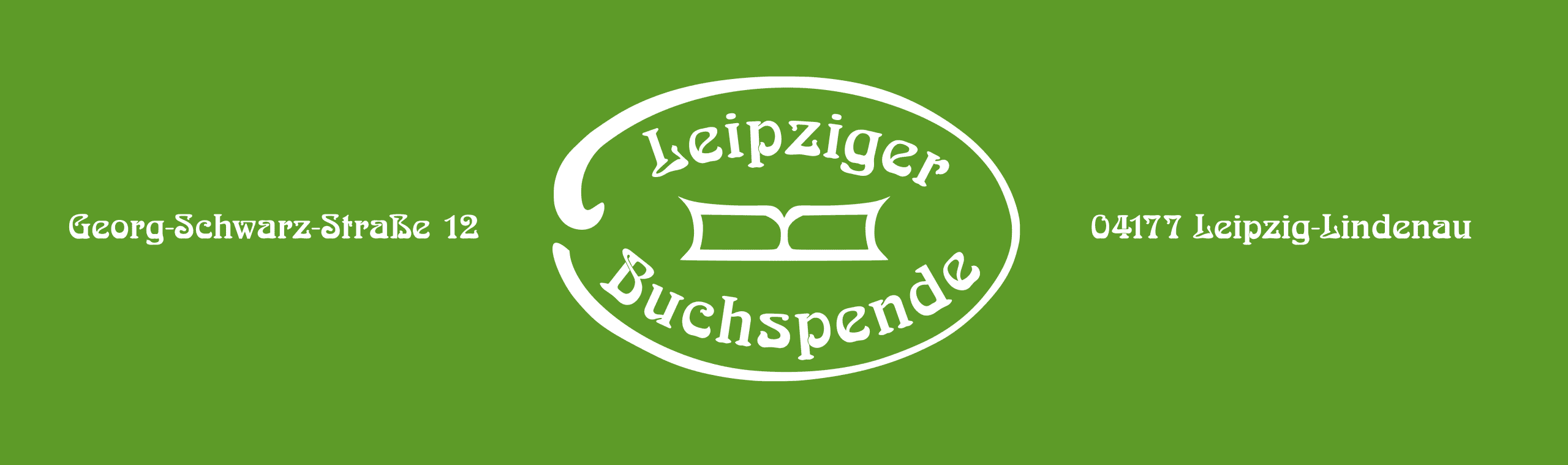 Leipziger Buchspende logo on a green background with 'Georg-Schwarz-Straße 12' on the left and '04177 Leipzig-Lindenau' on the right.