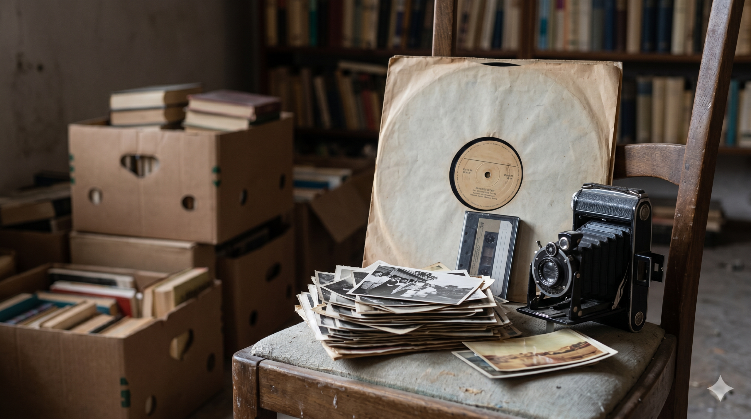 Schallplatten mit Büchern und Fotos