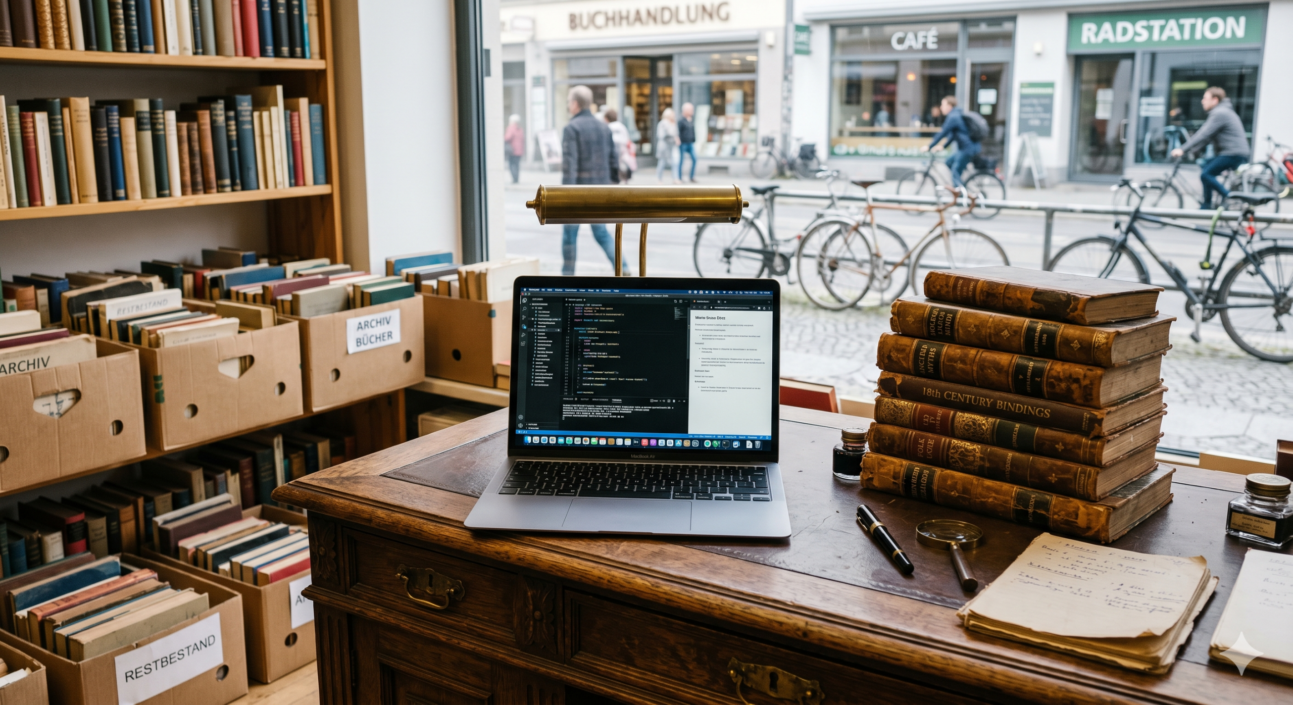 Laptop mit alten Büchern